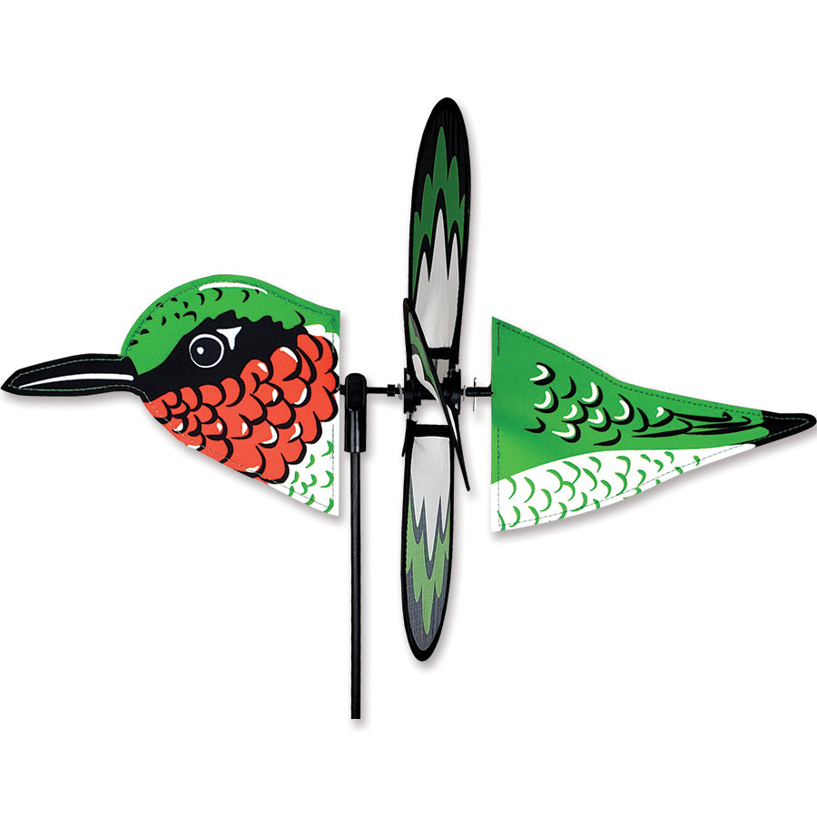 Petite Spinner - Flying Hummingbird garden decoration with colorful wings gently spinning in a soft breeze amidst vibrant flowers.