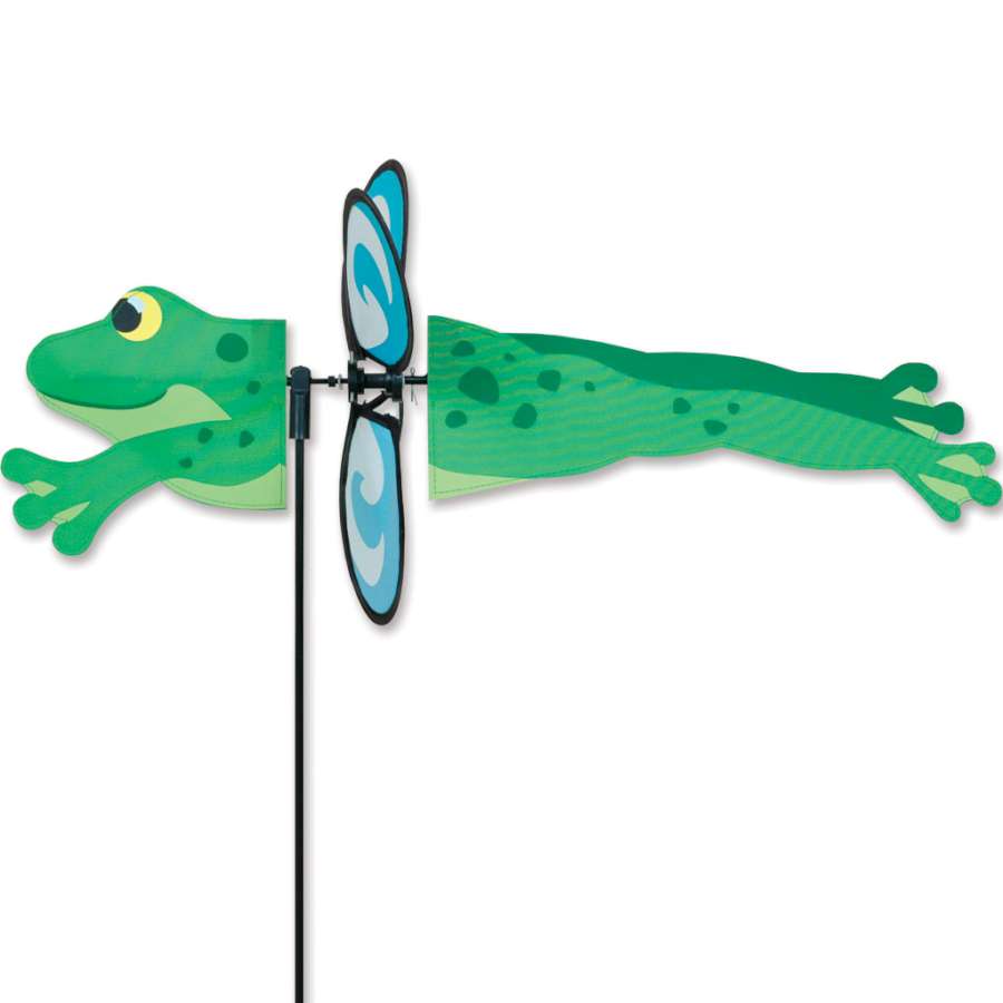 Petite Spinner - Frog in vibrant colors swaying gently in the breeze, showcasing its whimsical design in an outdoor garden setting.