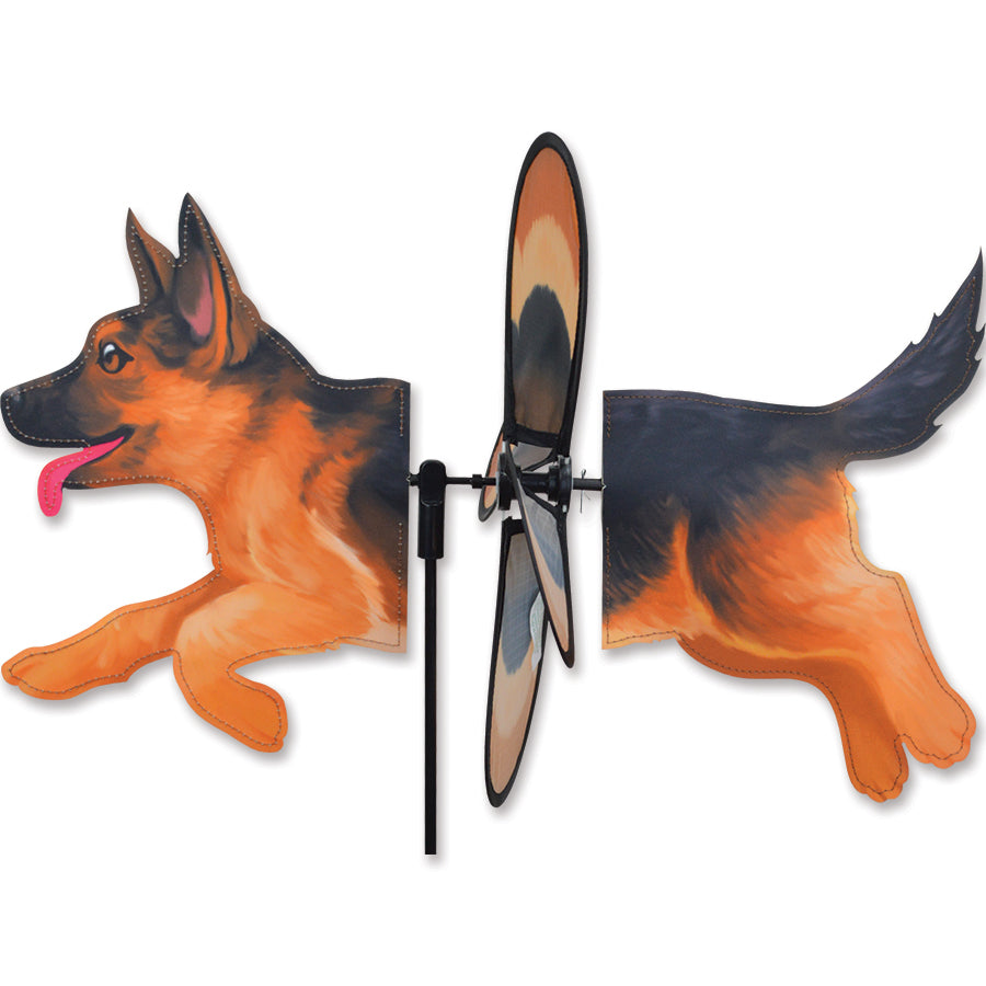 Petite Spinner featuring an adorable German Shepherd design spinning gently in a colorful garden setting.