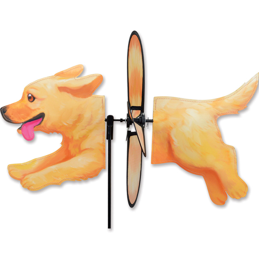 Petite Spinner featuring a Golden Retriever design spinning in a garden setting, showcasing vibrant colors and durable construction.