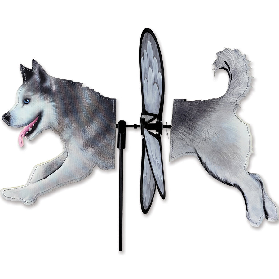 Petite Spinner - Husky in a garden setting, showcasing a whimsical design with vibrant colors and spinning motion in the breeze.