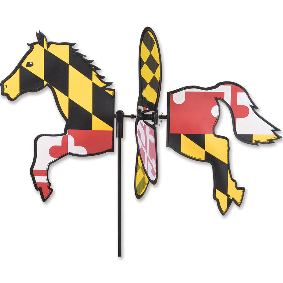 Petite Spinner featuring a Maryland Horse design, dancing gracefully in the wind, adding charm to a garden setting.