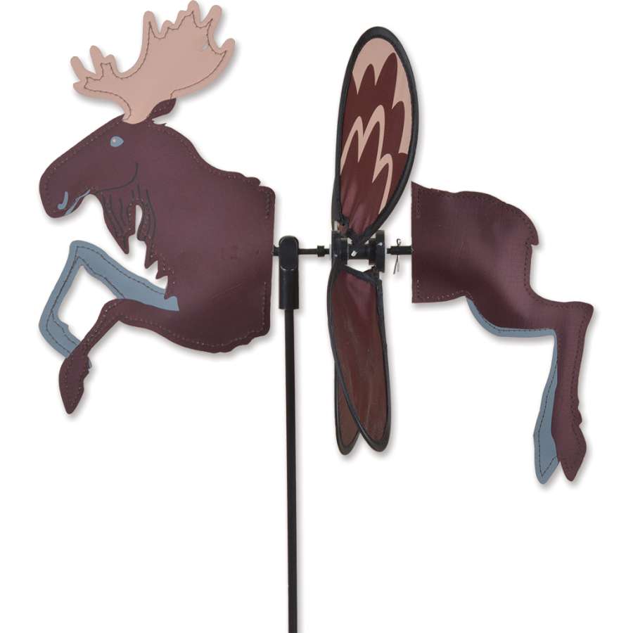 Petite Spinner - Moose garden decoration featuring vibrant colors and a whimsical moose design, spinning gently in an outdoor garden setting.