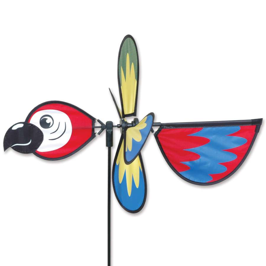 Petite Spinner - Parrot featuring colorful parrot wings displayed in a garden, gently spinning in the breeze amid flowers.