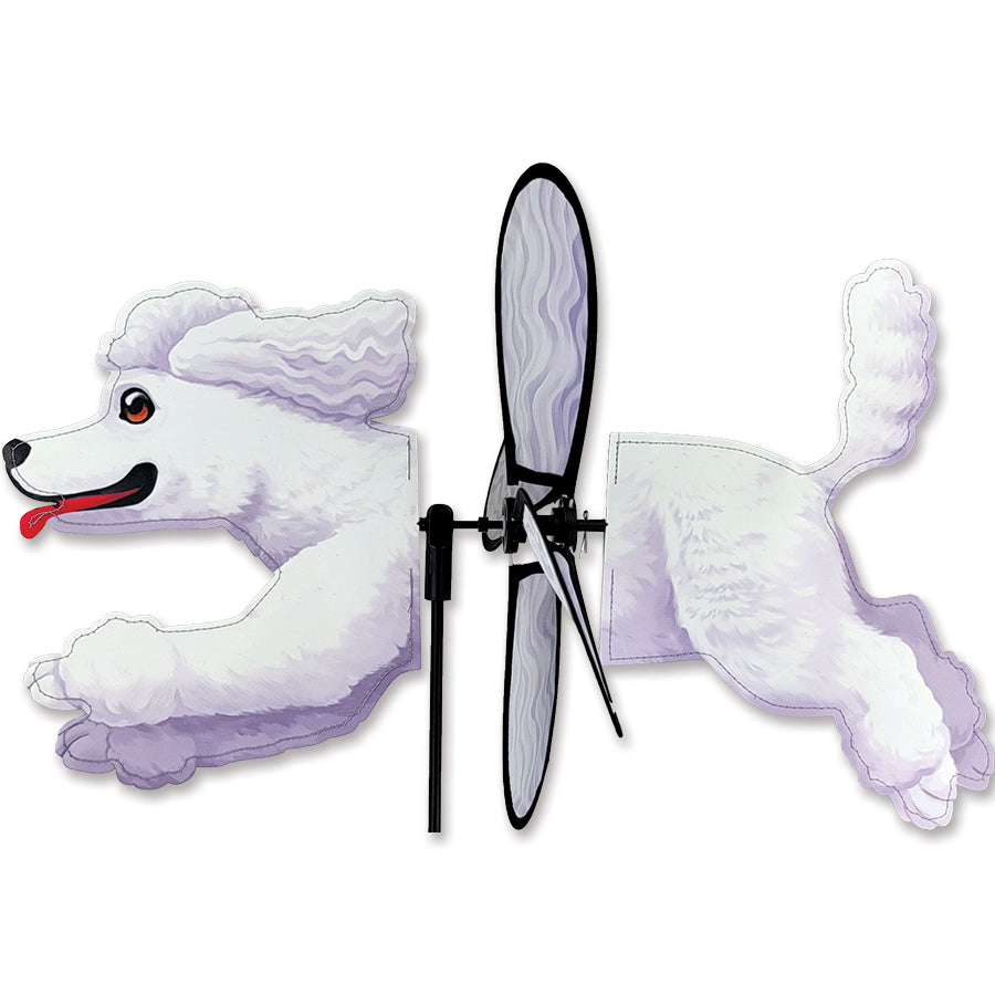 Petite Spinner - Poodle garden decor spinning in the wind, showcasing vibrant colors and whimsical poodle design in an outdoor setting.