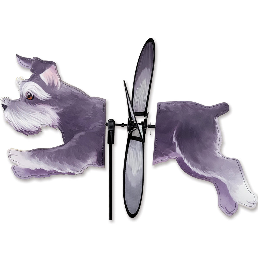 Petite Spinner - Schnauzer colorful garden spinner displaying a charming Schnauzer design, twirling in a garden setting.