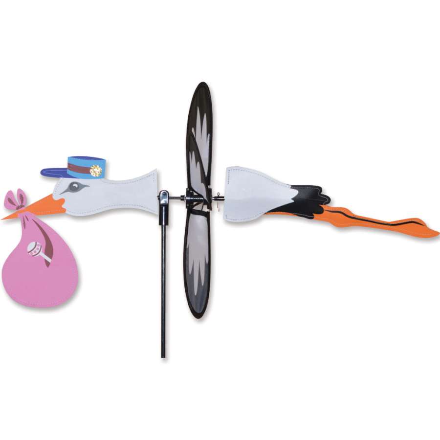 Petite Spinner - Stork Girl featuring a whimsical stork design, bright colors, and durable polyester fabric, spinning gracefully in any garden setting.