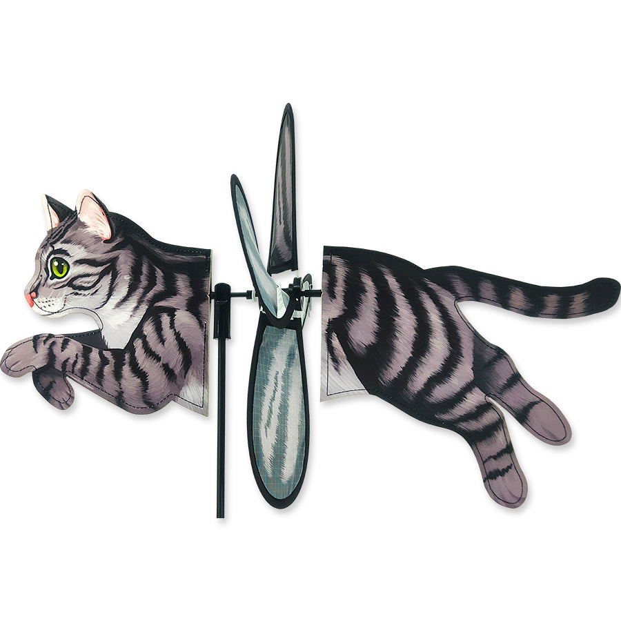 Petite Spinner - Tabby Cat spinning in a garden setting, showcasing vibrant colors and adorable design perfect for outdoor decor.