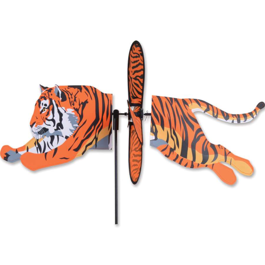 Petite Spinner - Tiger spinning in the garden, showcasing its vibrant tiger design and compact size, perfect for outdoor decor.