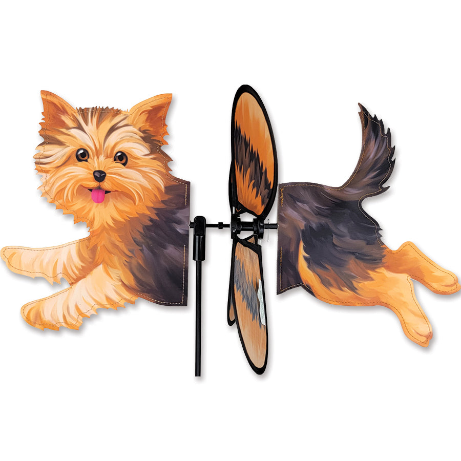 Petite Spinner - Yorkie showcasing a colorful design of a Yorkie dog, gently spinning in the breeze in a garden setting.