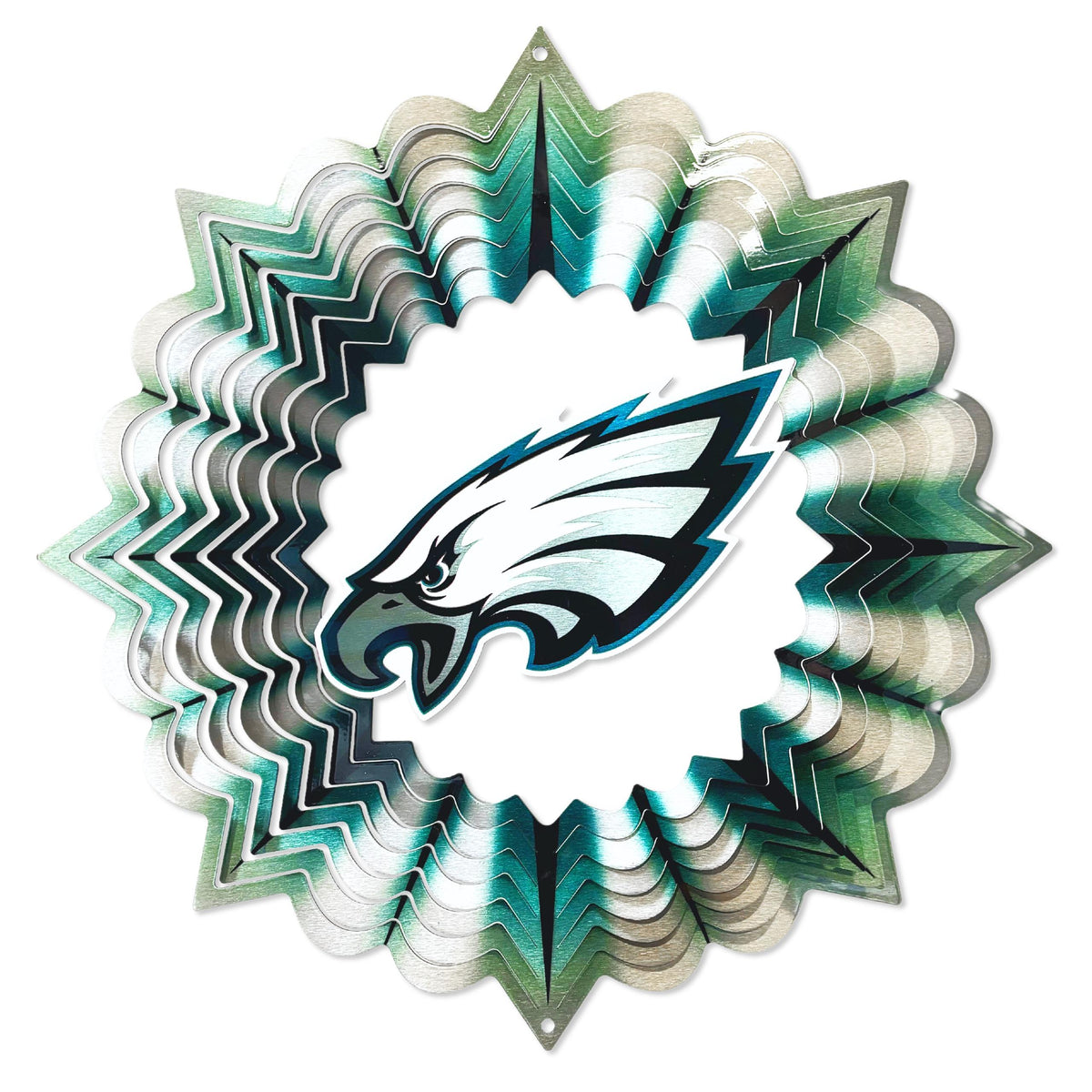 Philadelphia Eagles NFL Wind Spinner featuring vibrant team graphics displayed outdoors, spinning in the wind with motion.