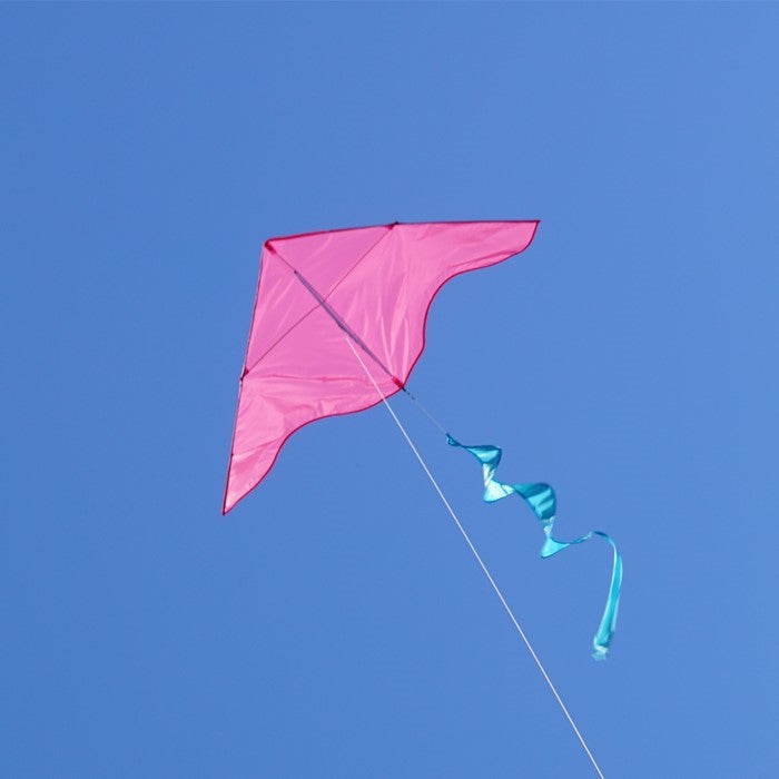 Colorful Pink/Aqua Colorblock Delta Kite with twister tail soaring high against a clear blue sky during outdoor play.