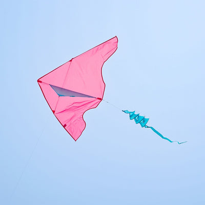 Colorful Pink/Aqua Colorblock Delta Kite with twister tail soaring high against a clear blue sky during outdoor play.