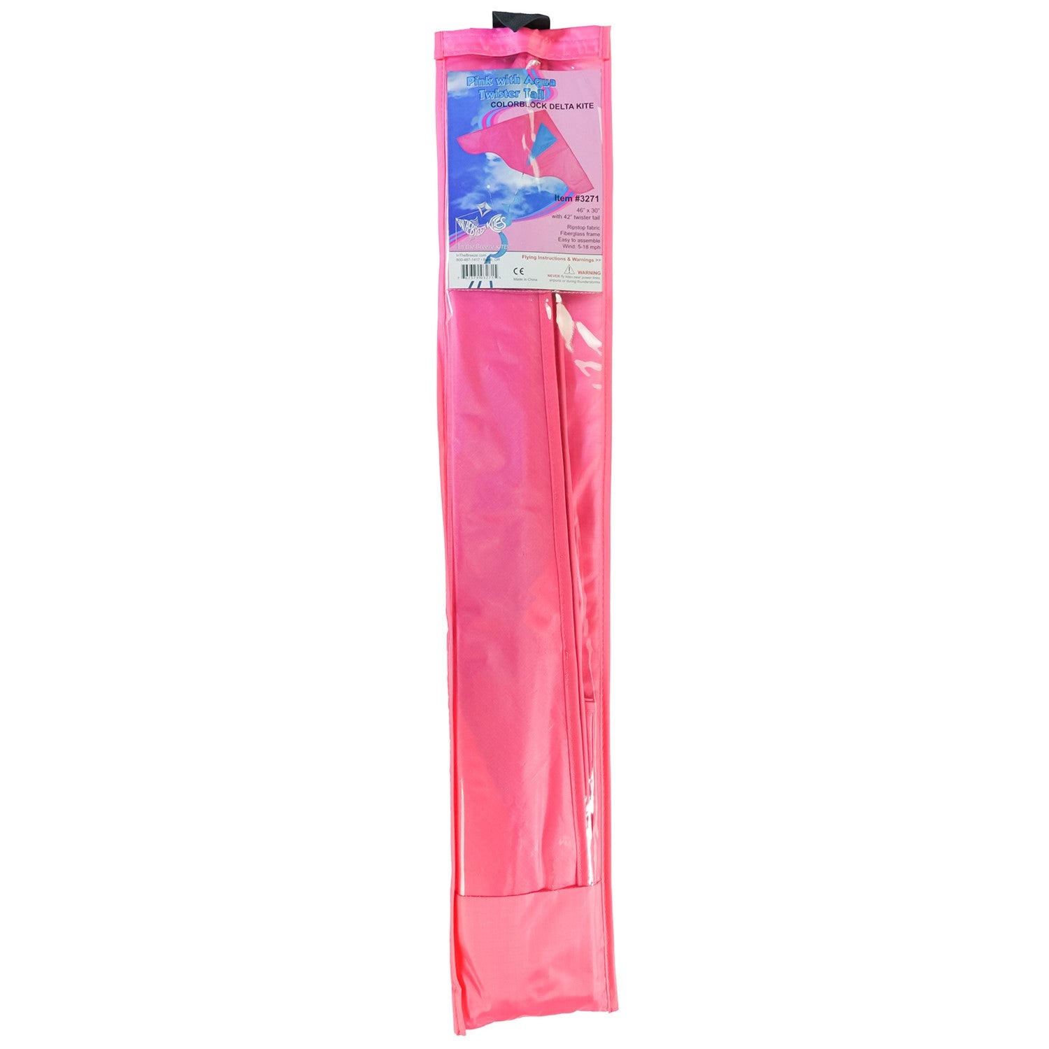 Colorful Pink/Aqua Colorblock Delta Kite with twister tail soaring high against a clear blue sky during outdoor play.