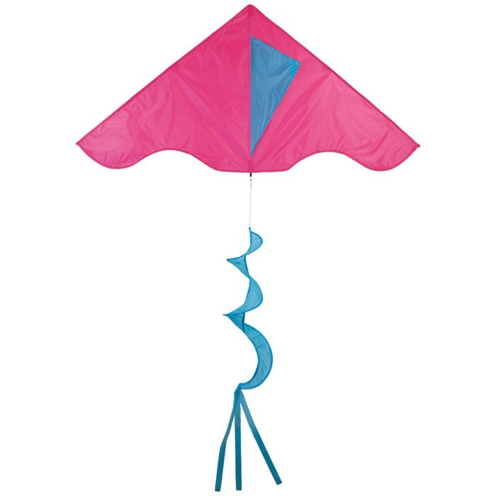 Colorful Pink/Aqua Colorblock Delta Kite with twister tail soaring high against a clear blue sky during outdoor play.