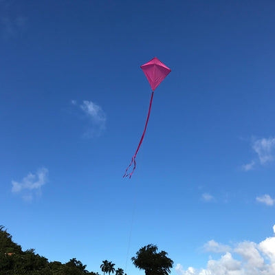 Pink Colorfly 30-inch Diamond Kite flying in a clear blue sky with three long pink tails, ideal for family outdoor activities.