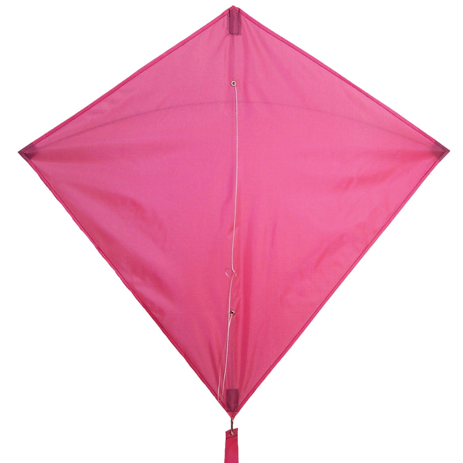 Pink Colorfly 30-inch Diamond Kite flying in a clear blue sky with three long pink tails, ideal for family outdoor activities.