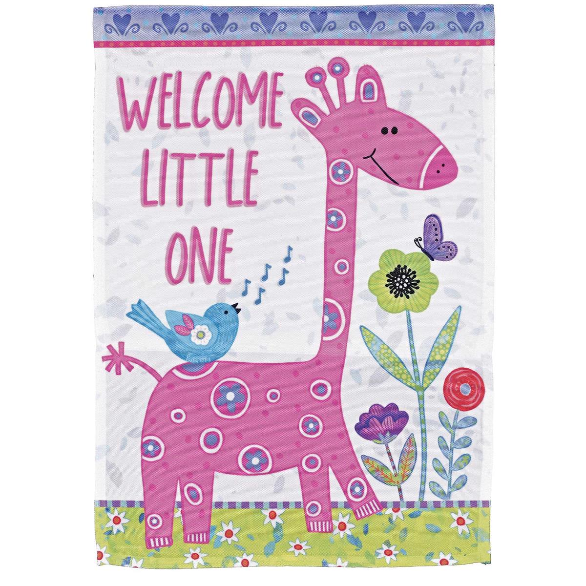 Pink Giraffe Welcome Little Garden Flag featuring a vibrant giraffe design displayed in an outdoor garden setting, creating a warm atmosphere.