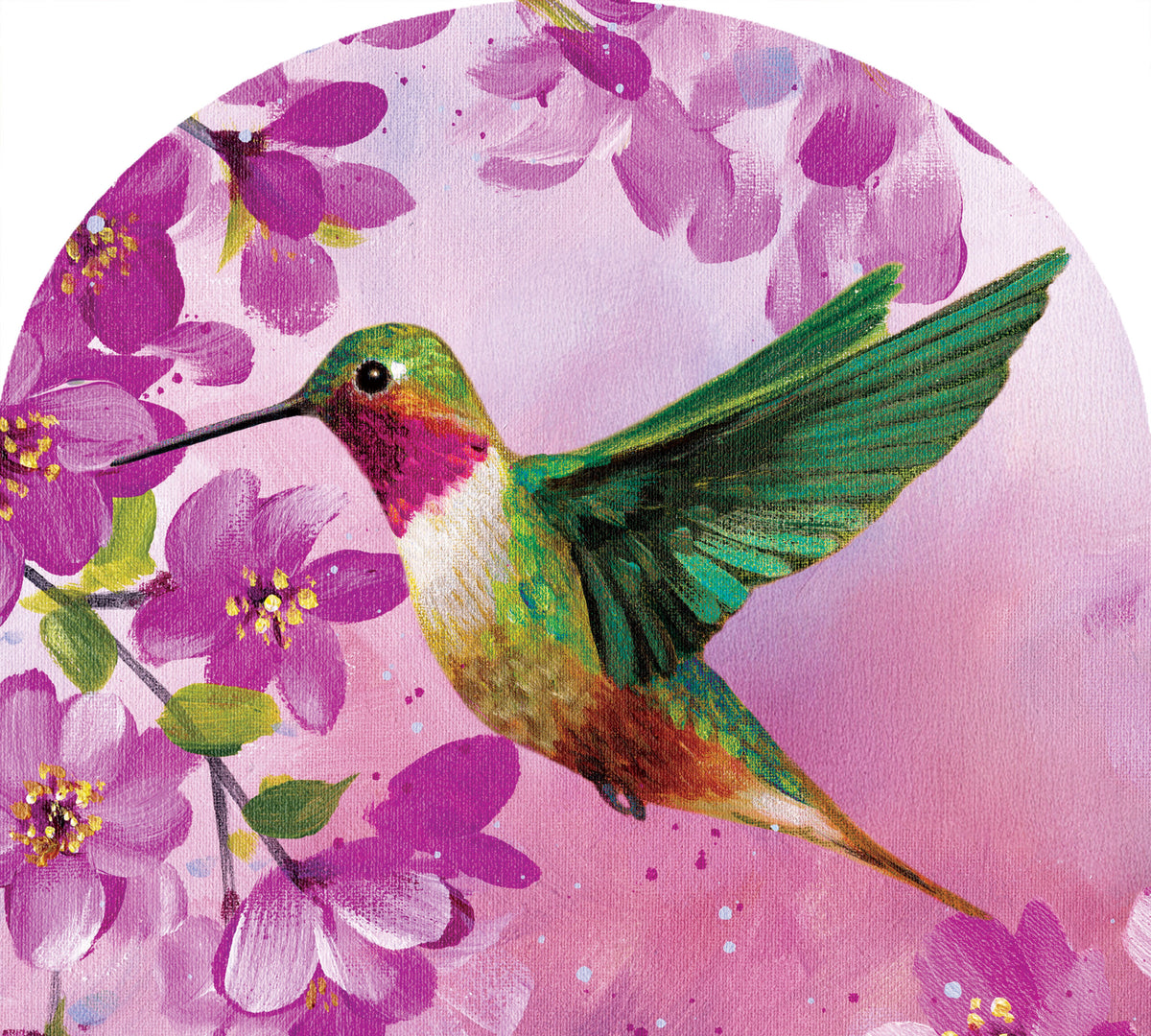 Pink Hummingbird-Arbor Mate decorative garden panel with a colorful design displayed among flowers in a sunny outdoor setting.