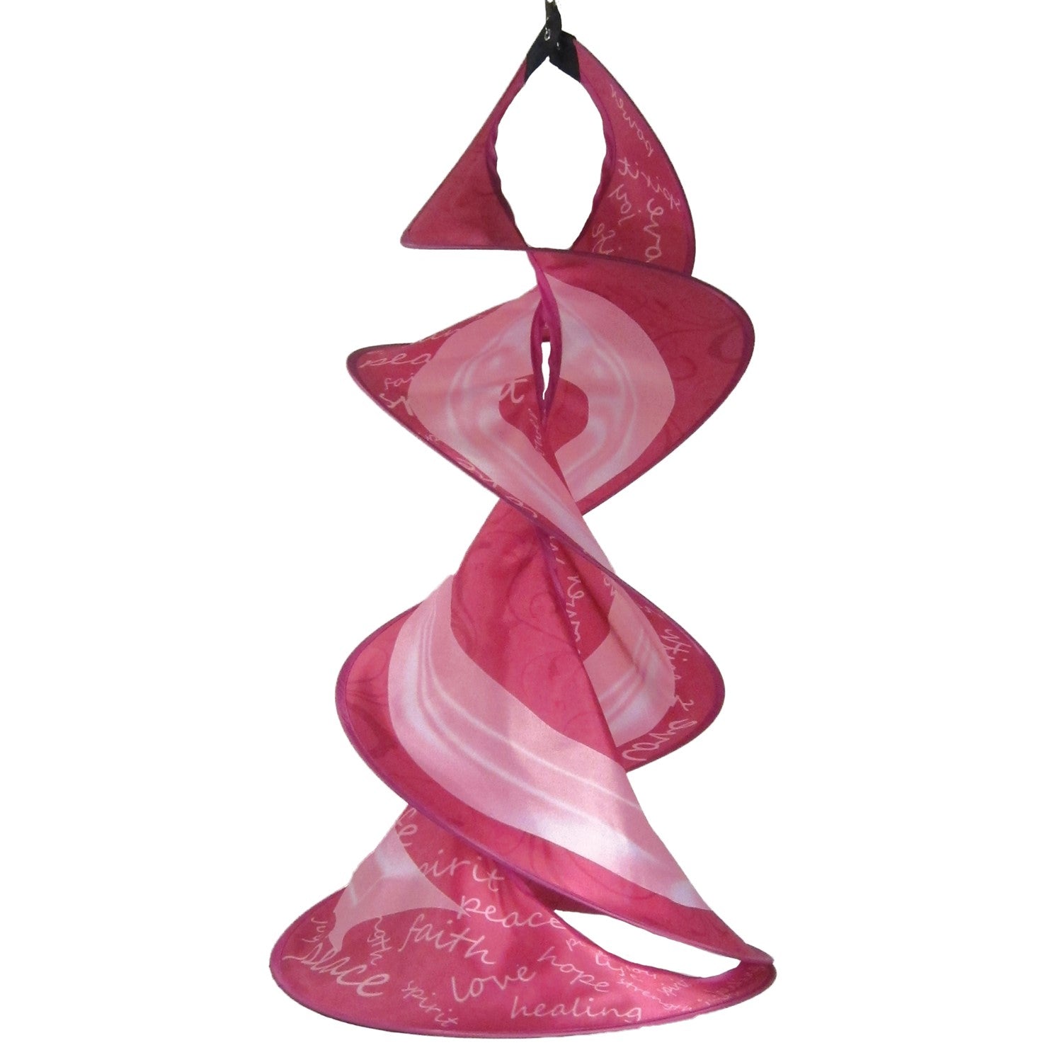 A Pink Ribbon Spin Duet hanging in a garden, featuring vibrant pink ribbon graphics and a spinning mechanism, symbolizing breast cancer awareness.