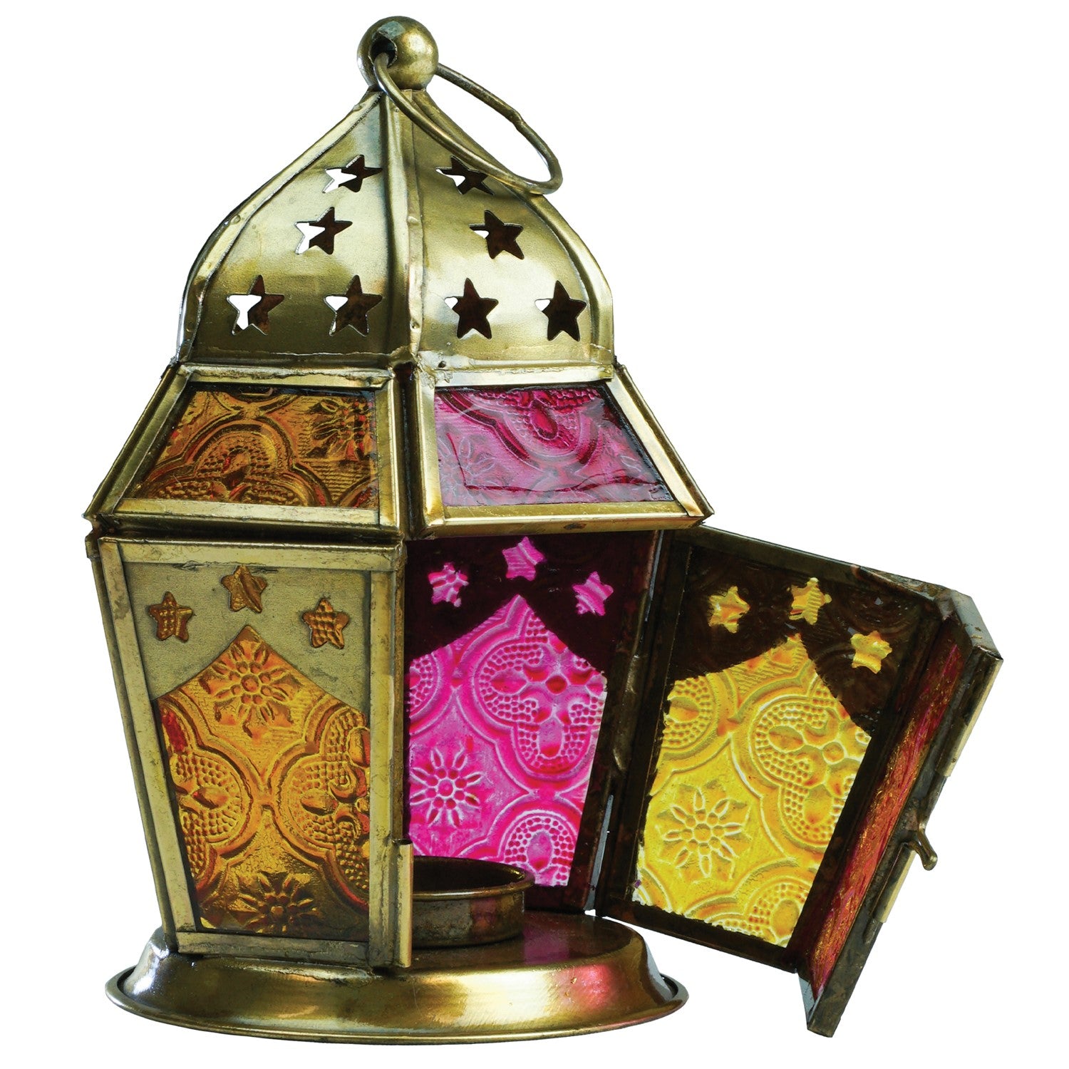 Pink and yellow hex glass tealight lantern with stamped designs and metal frame, elegantly displaying a tealight candle in a cozy setup.