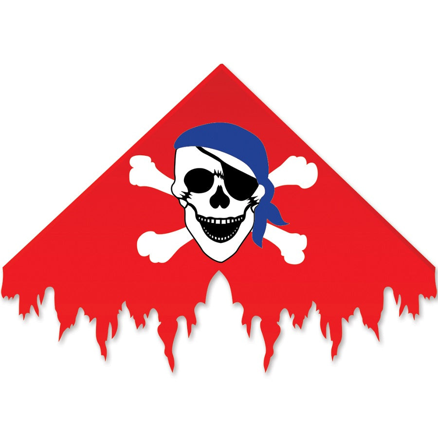 Pirate Delta Kite in red, measuring 50x36 inches, soaring against a blue sky during a sunny day in a park setting.