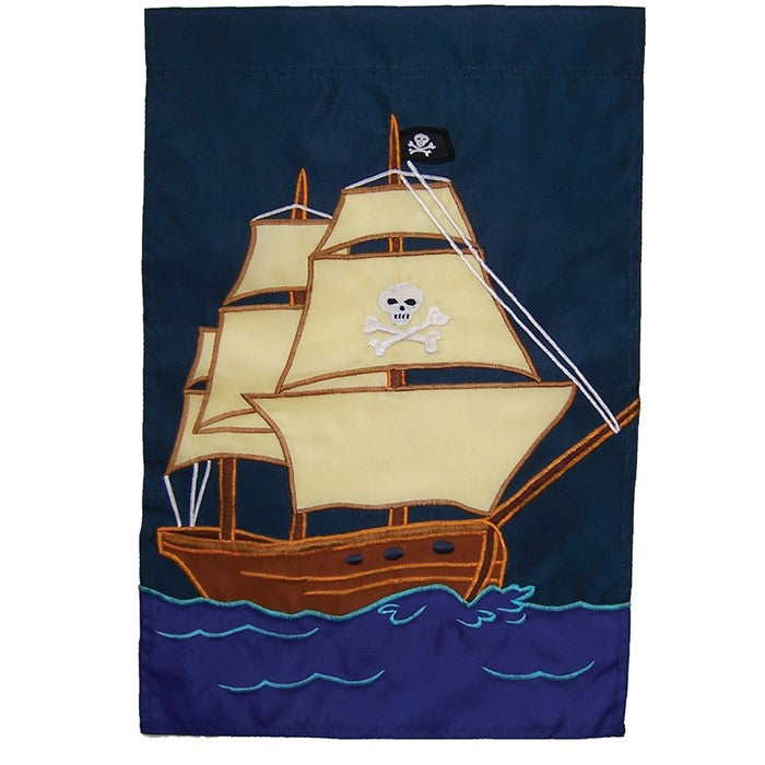 Discover the colors and excitement of the Pirate Ship House Banner, featuring an intricate appliqued design displayed beautifully in outdoor spaces.