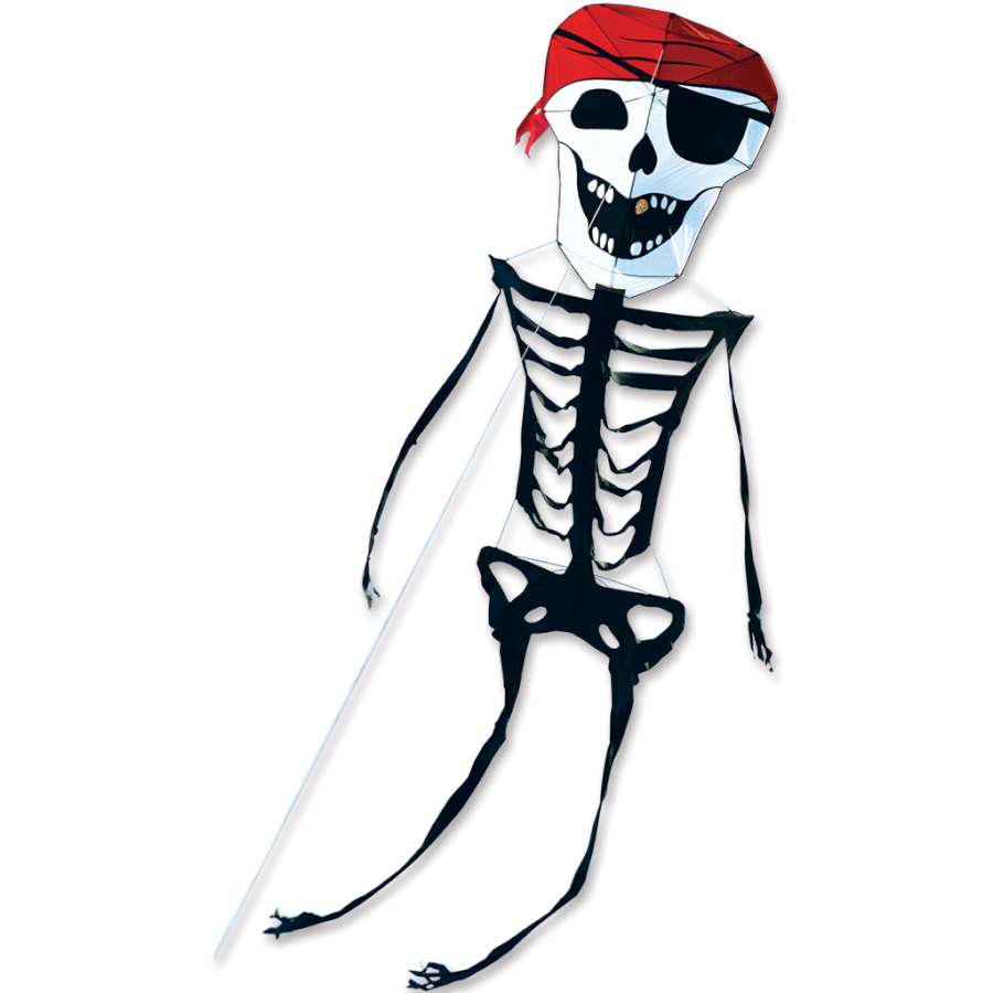31 ft. Pirate Skeleton Kite soaring high in the sky, featuring vibrant graphics of a pirate skeleton, perfect for family fun outdoors.