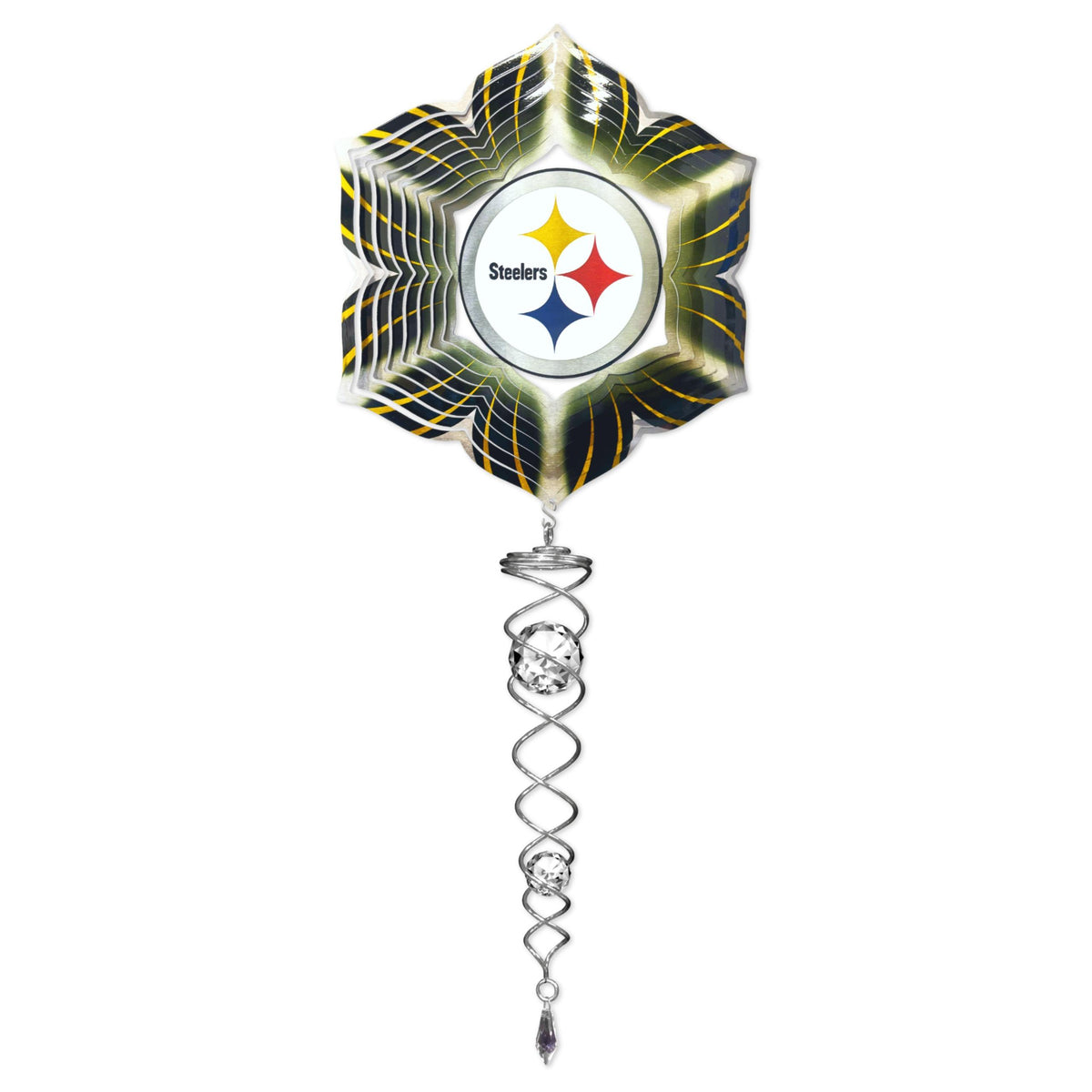 Pittsburgh Steelers wind spinner mini set with a 6.5-inch spinner and a 7.5-inch crystal twister displayed in a vibrant outdoor setting.