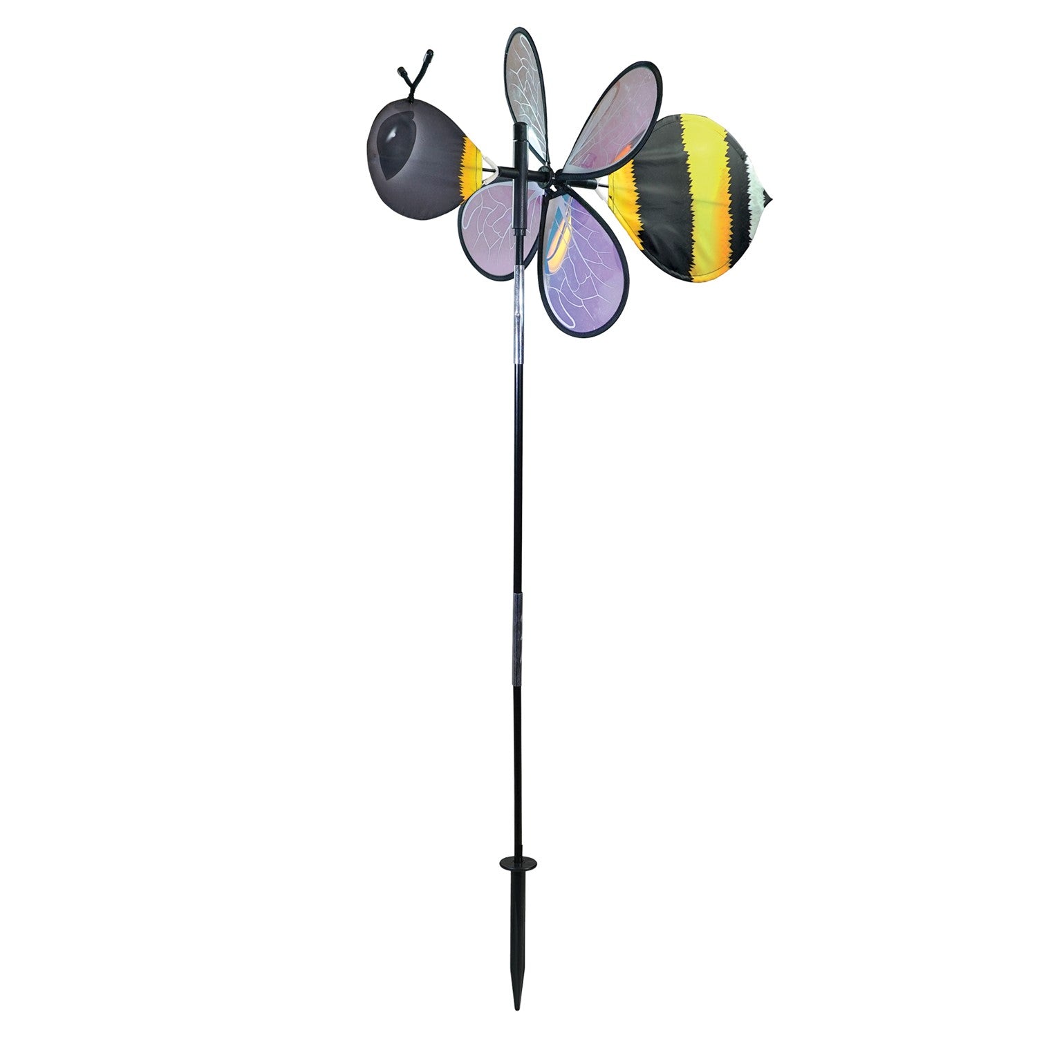 Pivoting Bumble Bee Bug Spinner with vibrant bumble bee design and iridescent wings displayed in an outdoor garden setting, spinning in the wind.