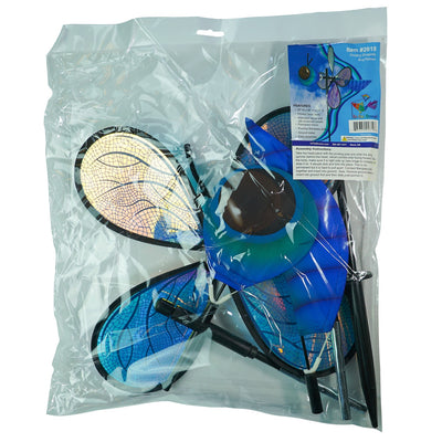 Pivoting Dragonfly Bug Spinner featuring iridescent Mylar wings and a fiberglass frame, elegantly displayed in a vibrant garden setting.