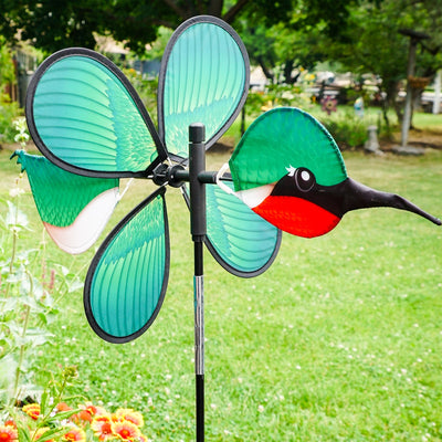 Pivoting Hummingbird Spinner featuring a colorful 15-inch petal wheel, showcasing hummingbirds, spins and pivots in the garden.
