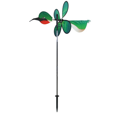 Pivoting Hummingbird Spinner featuring a colorful 15-inch petal wheel, showcasing hummingbirds, spins and pivots in the garden.