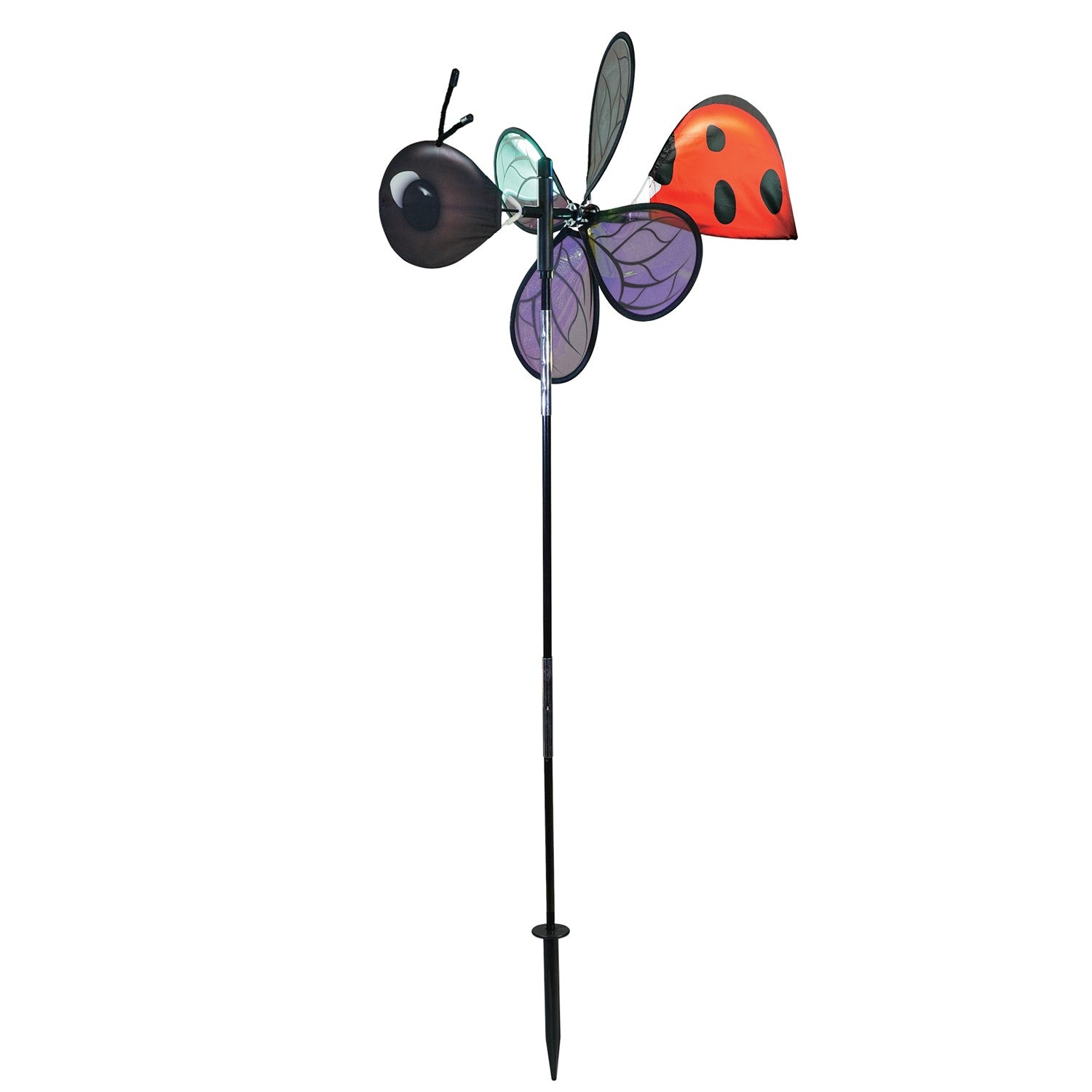 Pivoting Ladybug Spinner with vibrant design and iridescent petals spinning in a sunny garden setting, mounted on a sturdy pole.