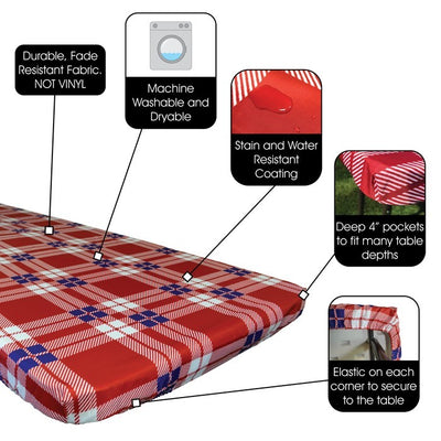 Plaid 6' Tablecloth spread over a picnic table in a sunny outdoor setting, secured with deep pockets, enhancing the cheerful atmosphere.