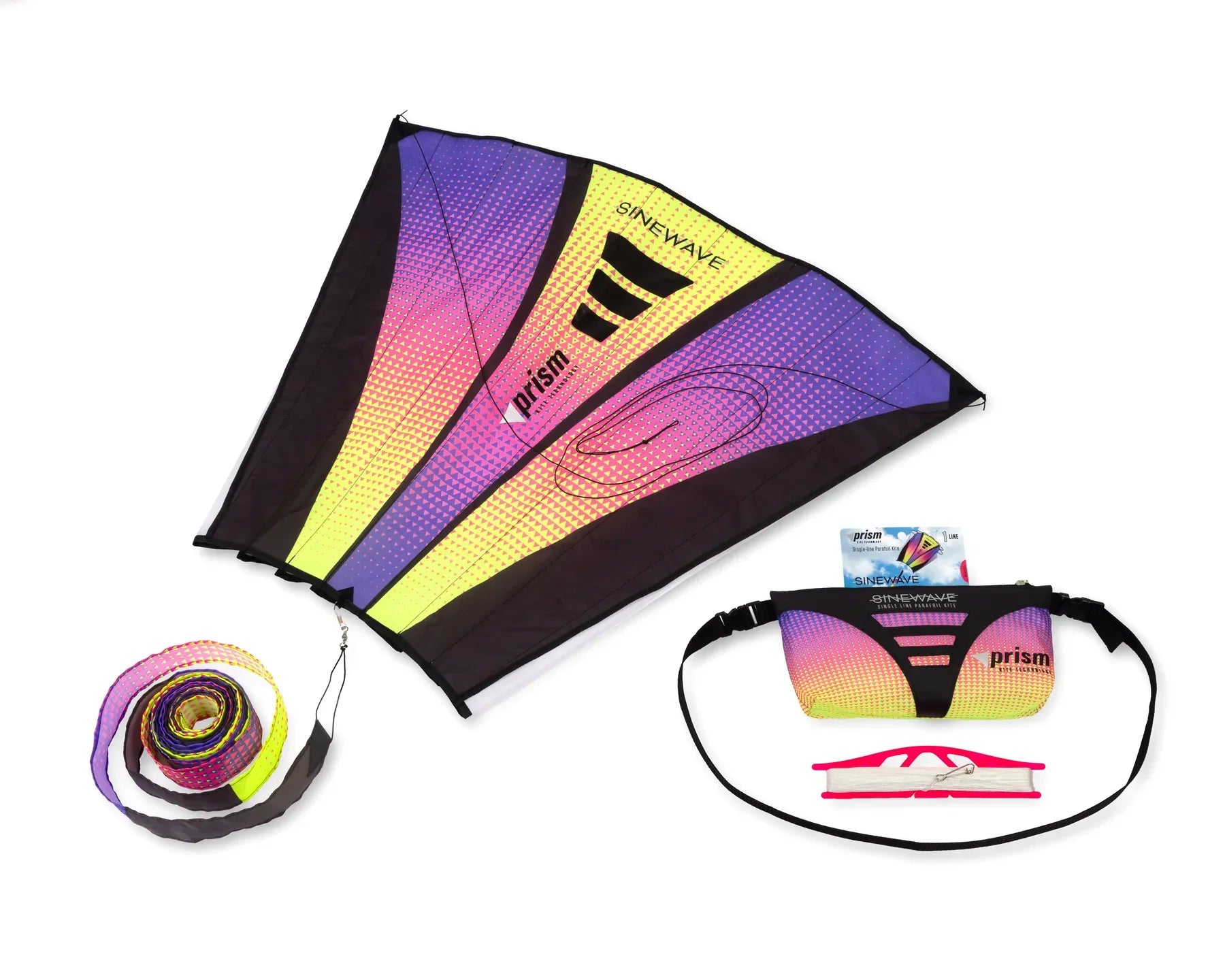 Sinewave kite with colorful parafoil design, smooth wave-like motion, and detachable tail—durable, frameless outdoor fun for flyers of all skill levels.