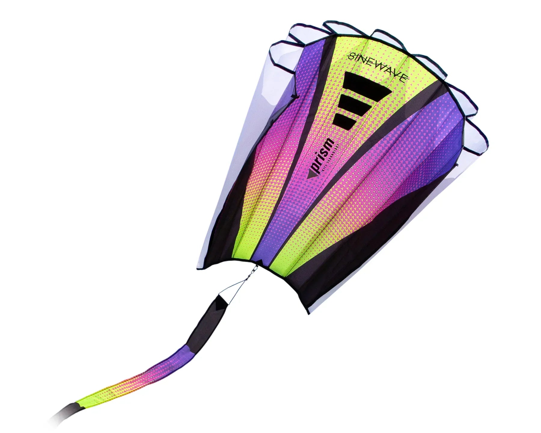 Sinewave kite with colorful parafoil design, smooth wave-like motion, and detachable tail—durable, frameless outdoor fun for flyers of all skill levels.