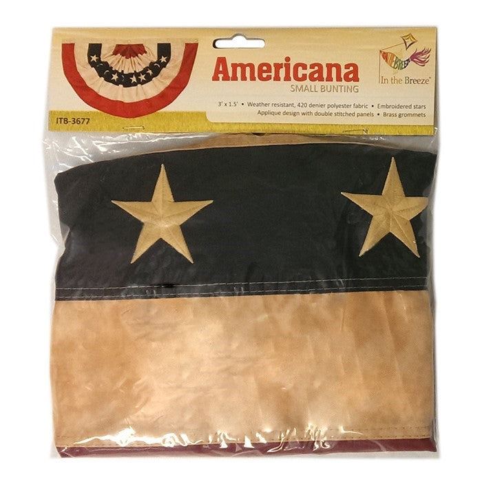 Pleated Fan Americana Bunting in red, white, and blue with embroidered stars displayed on a porch, highlighting its festive half-circle design.