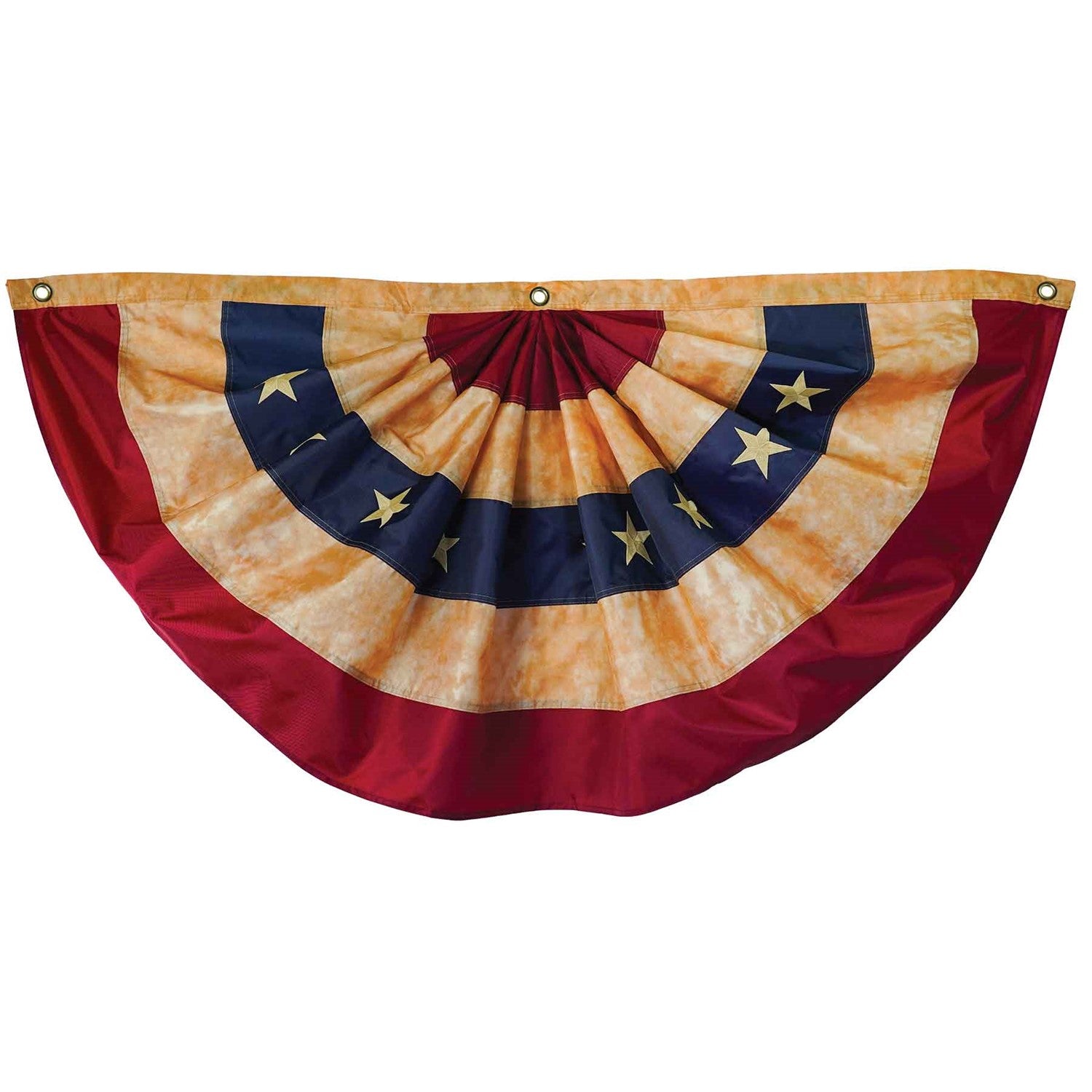 Pleated Fan Americana Bunting 2' x 4' featuring embroidered stars on a tea-stained background, hung decoratively in an outdoor setting.