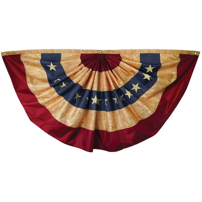 Pleated Fan Americana Bunting measuring 3' x 6', featuring vibrant red, white, and blue colors with embroidered stars displayed on a porch.