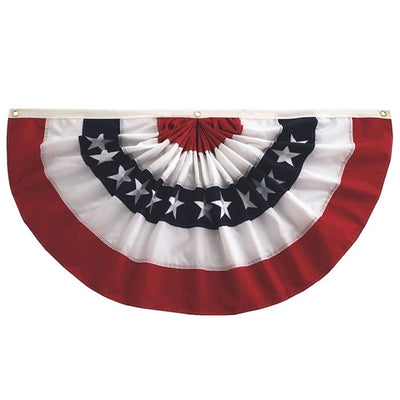 Pleated Fan Patriotic Bunting, 3'x6' featuring red, white, and blue fabric with embroidered stars, displayed outdoors with grommets for hanging.