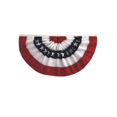 Pleated Fan Patriotic Bunting in red, white, and blue with embroidered stars hanging elegantly from a porch, showcasing Americana spirit.