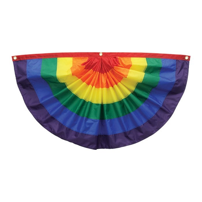 Pleated Fan Rainbow Bunting in vibrant colors featuring a half-circle design, hanging outdoors to celebrate pride and inclusivity.