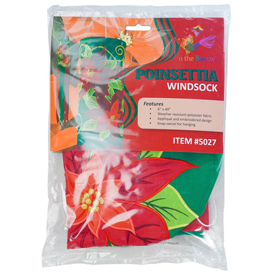 Poinsettia 40" Windsock displaying vibrant red flowers and colorful tails, fluttering in the wind, perfect for winter holiday outdoor decoration.