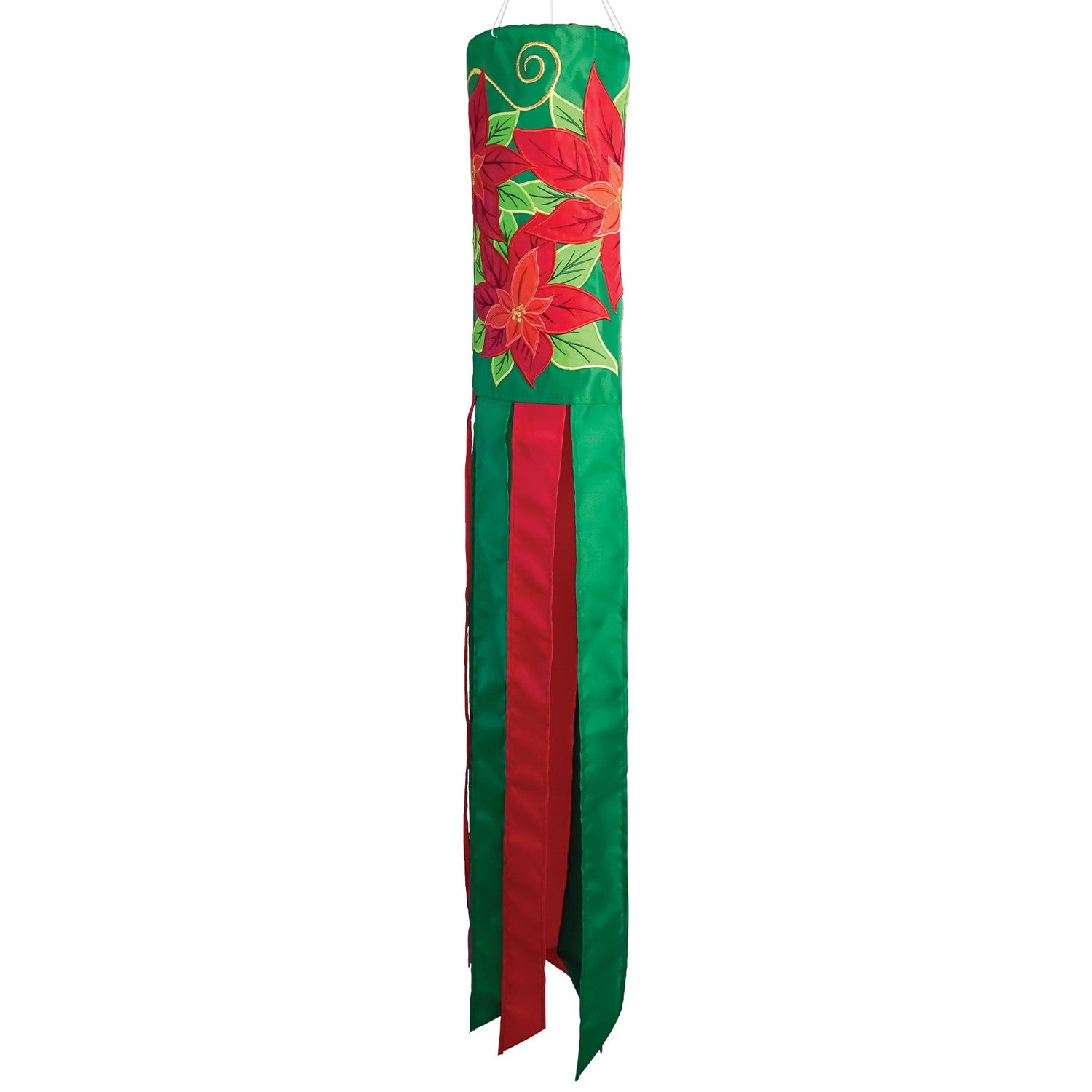 Poinsettia 40" Windsock displaying vibrant red flowers and colorful tails, fluttering in the wind, perfect for winter holiday outdoor decoration.
