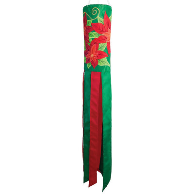 Poinsettia 40" Windsock displaying vibrant red flowers and colorful tails, fluttering in the wind, perfect for winter holiday outdoor decoration.