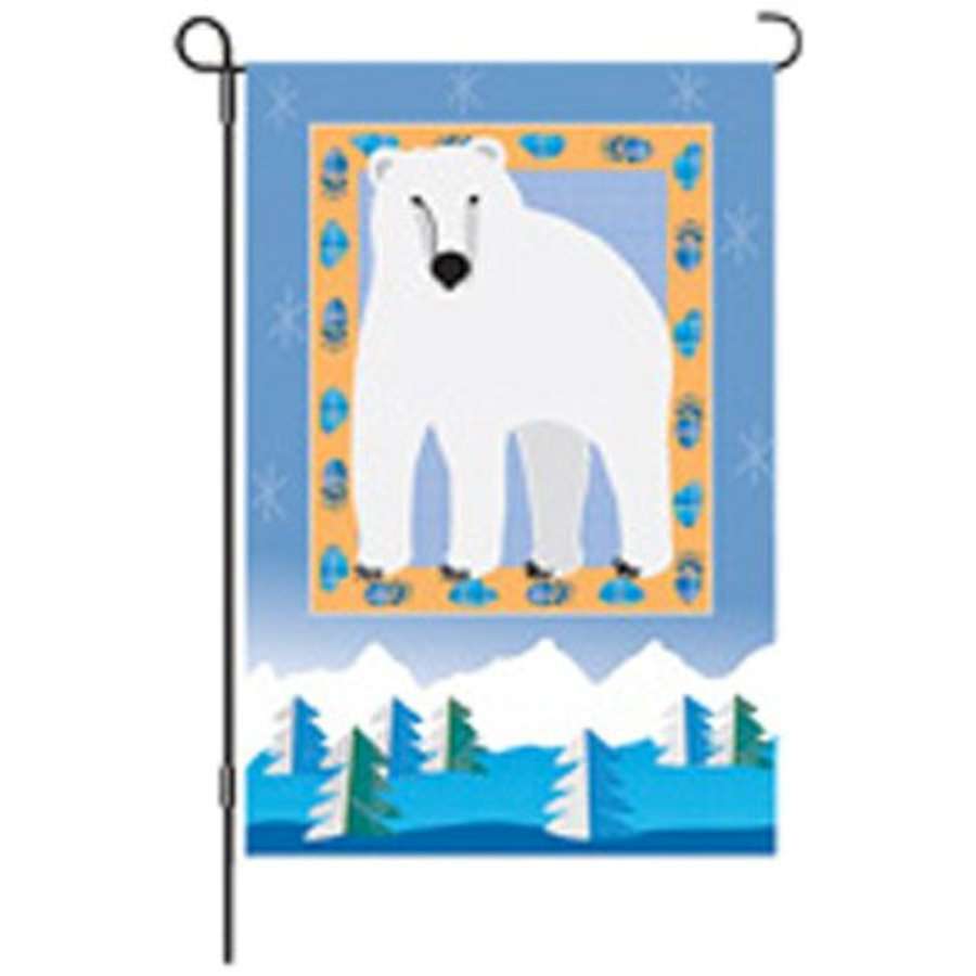 12-inch Polar Bear Mountain garden flag with vibrant artwork featuring polar bears and mountains, displayed on a flag stand in a winter garden setting.