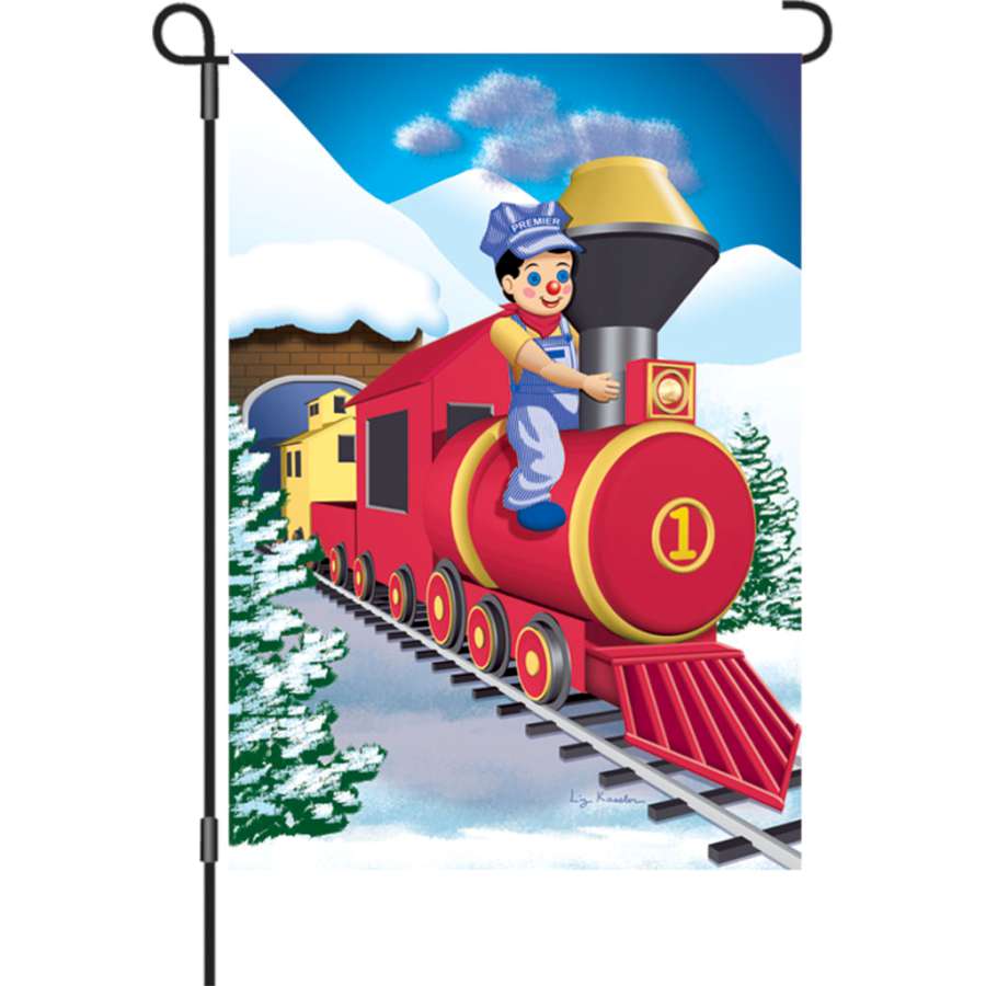 12 in. Polar Express garden flag featuring colorful train and seasonal imagery, displayed outdoors on a flag stand with winter scenery.