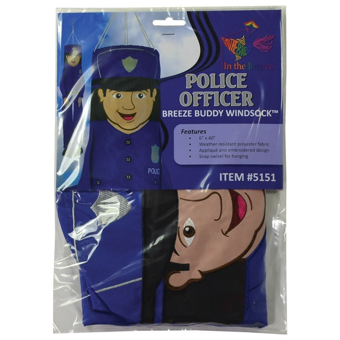 Police Officer 40-Inch Breeze Buddy windsock with detailed applique design and free-flowing limbs, hanging outdoors in a garden setting.