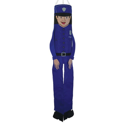 Police Officer 40-Inch Breeze Buddy windsock with detailed applique design and free-flowing limbs, hanging outdoors in a garden setting.